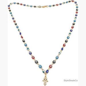 Gold Plated Hamsa Hand Pendant Necklace 18 Inch Dainty Evil Eye